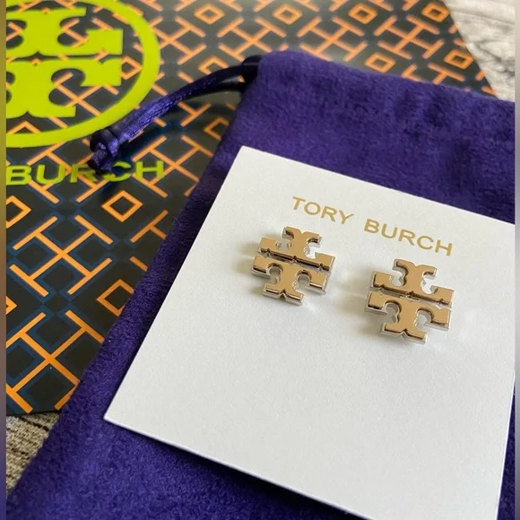 NWT! Tory Burch logo stud earrings in double gold: gold and silver tones - Picture 3 of 15